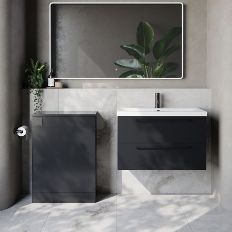 Napoli 390 Cento Gloss Grey 1400mm Wall Mounted 2 Drawer Vanity Unit and Toilet Suite with Glide Basin - 1400mm - Matt Black 480mm HandleWithout Kingston Toilet Pan