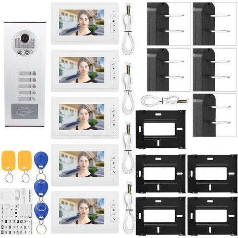 Interphone vidéo HD 7 pouces 100-240V avec caméra IR et 5 moniteurs (prise américaine) (1/5)