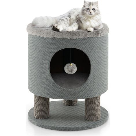 Pouf per gatti con pali in sisal e seduta in peluche 40x40x47 cm grigio