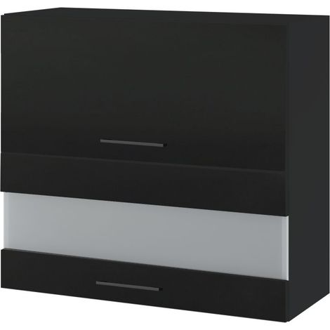 Meuble haut de cuisine Lovia Noir Mat 2 portes relevables avec vitre opaque L 80 cm - Porte avec poignée apparente   Black