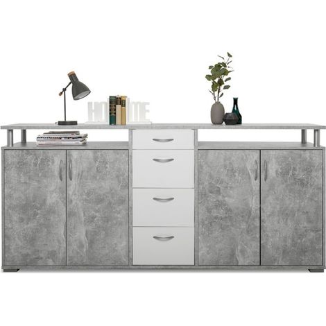 Buffet 2 portes 4 tiroirs 208x38,5x93,2 cm béton et blanc (1/4)