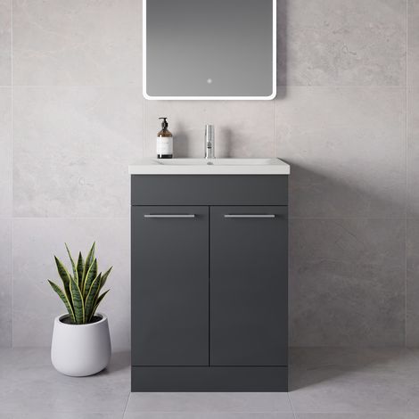 Napoli 460 Gloss Grey 600mm 2 Door Vanity Unit with Glide Basin - 600mm - Chrome 160mm Handle
