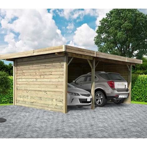 Carport en bois 7064 x 5064 mm – Toit plat métal – 3 parois – Système d'ancrage au sol pour terrains meubles ou durs – Solid (1/4)