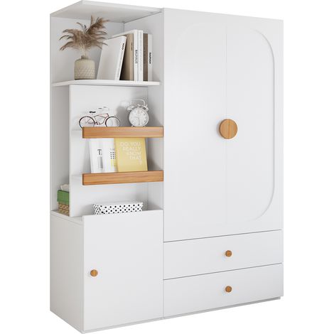 Armoire avec penderie, 2 tiroirs et étagères ouvertes, 125 x 50 x 180 cm, blanc et naturel (1/5)