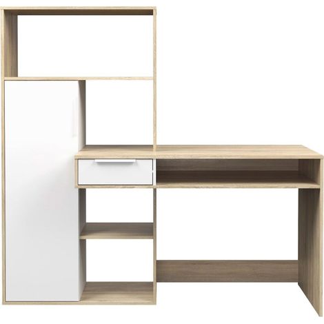 Fula Schreibtisch 1 Schublade und 1 Tür Eiche Struktur und weiss. (1/4)