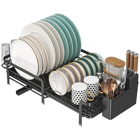 Escurreplatos Escurridor de Platos Extensible Acero Inoxidable Escurreplatos con Bandeja de Goteo Dish Drying Rack con Cesta para Cubiertos (Negro)