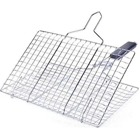 Grille de Barbecue Double Réglable Rectangulaire,Grille de Barbecue Portable en Acier Inoxydable,Poignée Bois Pliable (1/4)