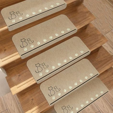 Tapis d'escalier antidérapant pour marches d'escalier en Bois et Verre, Lavable et Amovible (14 pièces, 55 x 22 cm, Kaki) (1/5)