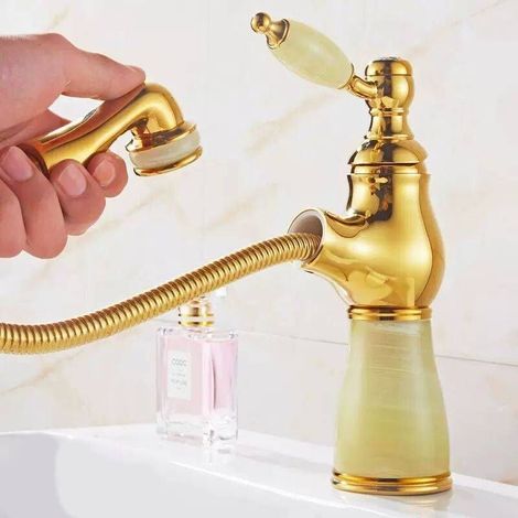 Robinet extractible Jade, robinet de baignoire monotrou, mitigeur de lavabo, robinet de lavabo à eau froide/chaude monté sur comptoir (couleur : or) (1/4)