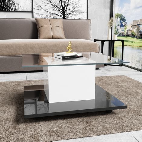 Table Basse Design Moderne 80x80x40 cm - Plateau Verre Trempé - LED Multicolore Réglable - Roulettes avec Frein - Blanc et Noir (1/5)