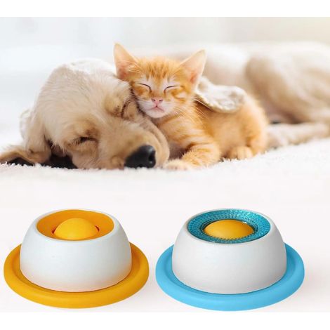 Set of 2 Slow Feeder Licking Bowls for Cats & Dogs - Yellow and Blue Anti-stress Bowl with Rotating Ball to Prevent Fast Eating and Boredom (1/5)