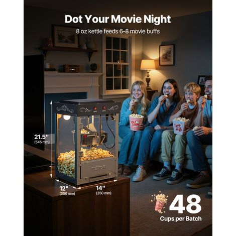 Machine à Pop Corn de Comptoir, Éclateur de Maïs 800 W, Grand Bol en Inox 0,2 kg, 48 Tasses par Lot, avec Commande à 2 Boutons, Paroi en Verre, Porte PC, Pelle Doseuse et Cuillères, Noir