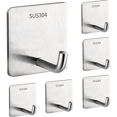 Set mit 6 selbstklebenden Kleiderhaken aus Edelstahl. Selbstklebende Wandhaken zum Aufhängen von Kleidung und Handtüchern. Installation ohne Bohren. Geeignet für Badezimmer, Büro und Küche.
