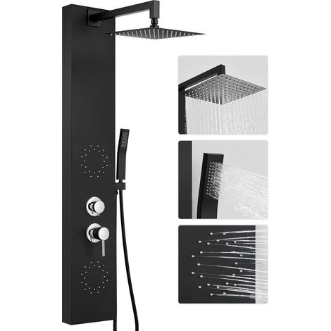 Schwarz Duschpaneel Duscharmaturen Set Edelstahl SUS304 Duschpaneel mit Massage Regendusche Duschgarnitur Antikalk-Beschichtung, Verstellbarer Duschkopf Ø 250 mm