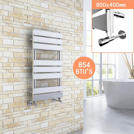 ELEGANT 800 x 400 Chrome Designer Flat Panel Heated Towel Rail Radiator + Chrome Thermostatic Radiator Valves