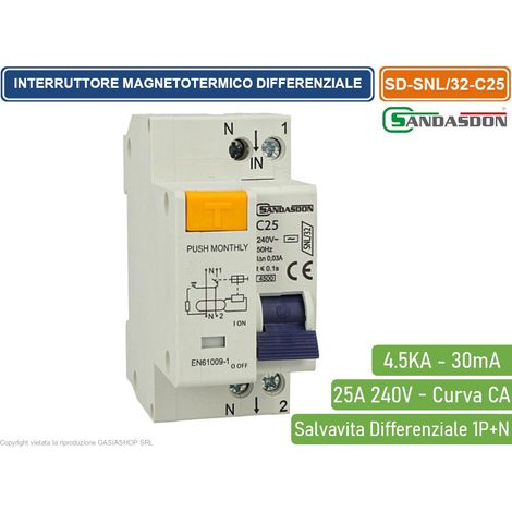 Interruttore Magnetotermico Differenziale Salvavita 1P+N 32A C25 2M 2 Moduli DIN (1/4)