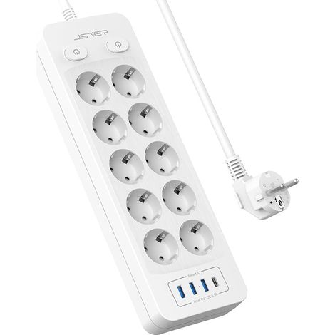 JSVER Multiprise 10 Prises avec 4 Ports USB Chargeur Bloc Multiprises USB C avec Interrupteur Multiprises avec Cable pour Smartphone Maison Bureau Blanc (1/5)
