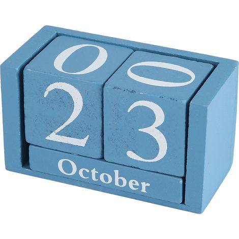 Retro-Kalender aus blauem Holz, Monatskalender für den Schreibtisch, Datums- und Wochentagsanzeige, Dekoration für Zuhause und Büro, Massivholzsockel (1/5)