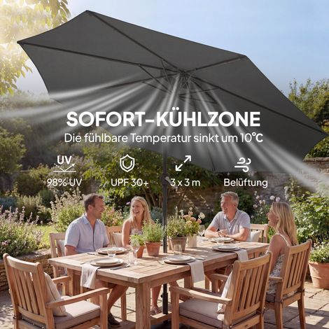Parasol inclinable Ø300 cm pour balcon avec manivelle, pied croisé et sac de sable, anti-UV 30+, rétractable, gris foncé (1/4)
