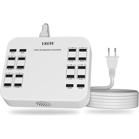 USB-Schnellladegerät, tragbare Ladestation mit 20 Anschlüssen, geeignet für verschiedene Geräte, kompatibel mit iPhone, iPad, Samsung, Google, Xiaomi, Huawei USB-Ladegeräten und (Weiß, EU) (1/5)