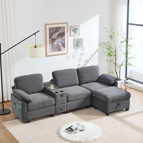 Divano 266x136x82 cm, 3 Posti, Memory foam, Tasche laterali, Pouf contenitore, USB-C, Velluto a coste grigio scuro