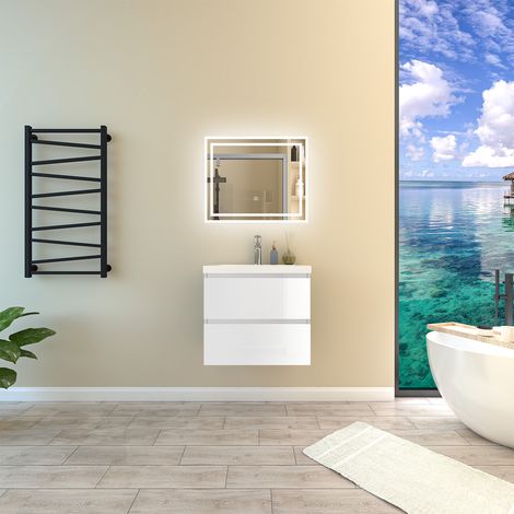 SKY 60cm White bathroom furniture set With 2 Soft-Close Drawers,Artificial Stone basin+LED bathroom anti-fog mirror with 3 Lighting Modes (1/5)