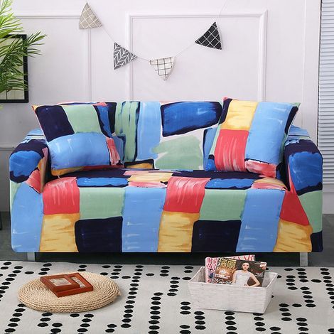 Housse de Canapé Extensible 2 Place Couverture Canapé avec Accoudoirs, Géométrie de style aquarelle, bleu[SFT85] (1/4)