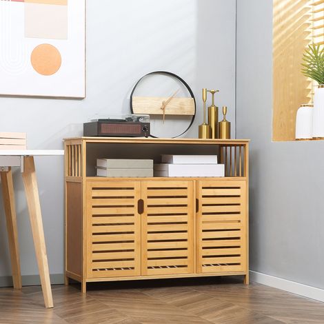 Aparador para Salón de Bambú con 3 Puertas Ranuradas Estantes para Comedor Cocina Entrada Natural 100x35x82 cm (1/5)