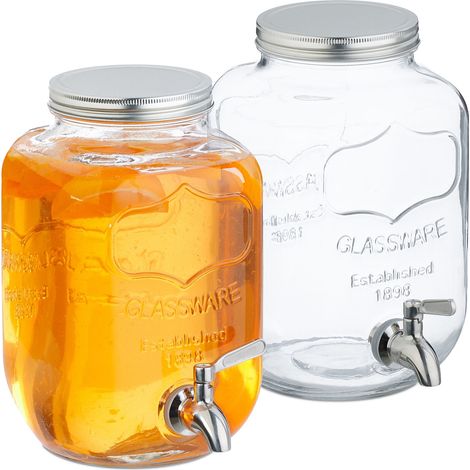 Relaxdays 2 Dispenser in Vetro per Bevande da 4 L, Erogatore con Rubinetto in Acciaio Inox, Distribuitore Acqua e Bibite (1/5)