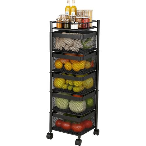 Resserre Métallique Carrée 5 Niveaux à Roulettes Noir Rangement Cuisine/Bureau/Salle de Bain 28 x 28 x H 89 cm - Livraison gratuite