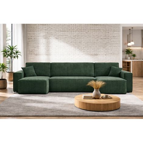 Canapé d’angle en U CARLOS U convertible – Vert bouteille, grand format, fonction couchage, coffre de rangement XXL, angle universel gauche/droite, confort familial