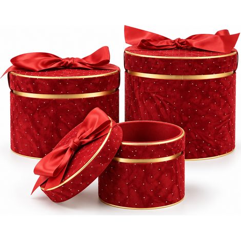 Set 3 Scatole Tonde Decorazione Natalizia Bordeaux 16/20/25cm Scatola con Fiocco (1/5)