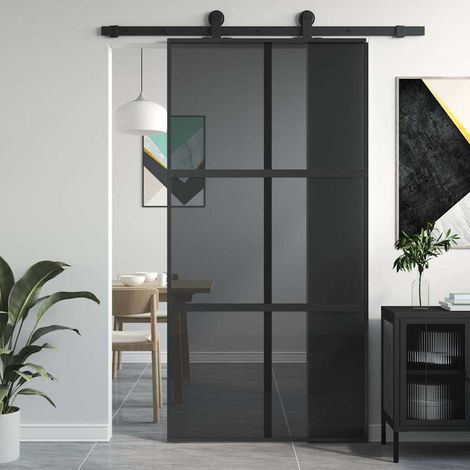 Porte coulissante noire, 102,5 x 205 cm, verre trempé et aluminium