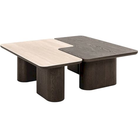 table basse design marron effet bois et travertin contemporain - marron effet bois et travertin (1/5)