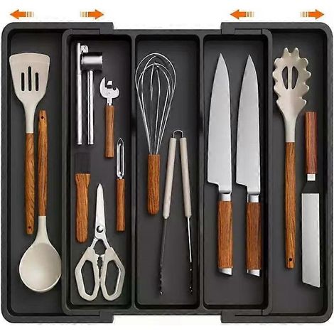 Große Aufbewahrungsbox für Küchenutensilien aus Kunststoff mit erweiterbaren und verstellbaren Fächern – Besteckkasten und Utensilientrenner (1/4)