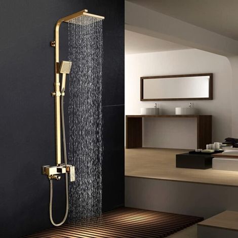 Shower column. Multifunctional 8" height-adjustable shower set with shower head, square shower head, and hand shower. Brass. Gold (1/5)