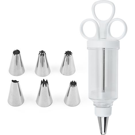 Seringue à glaçage avec embouts, 20 x 6,7 x 4,8 cm, plastique et acier inoxydable - blanc et argent (1/4)