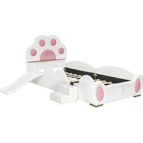 GagaLit enfant 90x200 cm, tête patte de chat, toboggan, blanc rose (1/5)