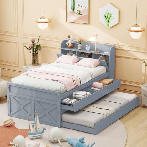 Letto singolo 90x190 cm grigio in legno massello con letto estraibile, cassetti e USB (1/5)