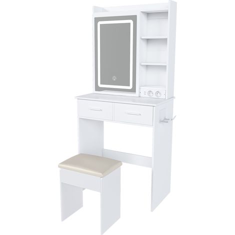 Coiffeuse blanche compacte avec miroir, éclairage LED réglable et prise, avec tabouret rembourré et rangement caché (1/5)