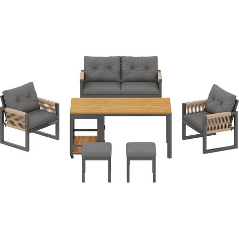 Conjunto de jardín con mesa desmontable, hierro y cuerdas trenzadas, gris natural (1/5)