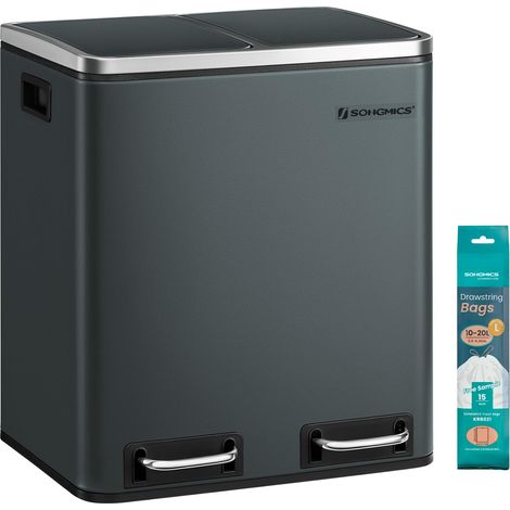 Poubelle Cuisine, 2 x 15 L, Poubelle Tri, avec Pédale, 2 Compartiments, 15 Sacs Poubelles, Seaux Intérieurs, Couvercles en Douceur, en Acier, Gris Verdâtre LTB030GT01 (1/5)