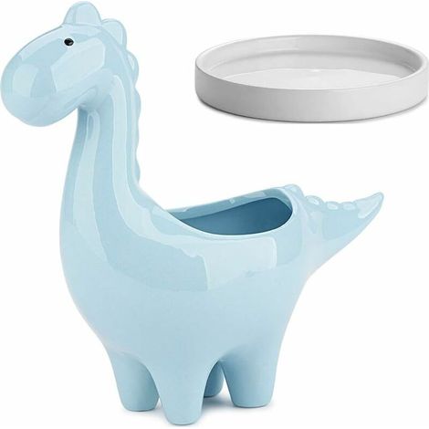 Succulent Pots with Drainage Tray 7 Inch Dinosaur Glazed White Ceramic Pot for Indoor Succulent Planters Cactus Decor, BLUE (1/5)