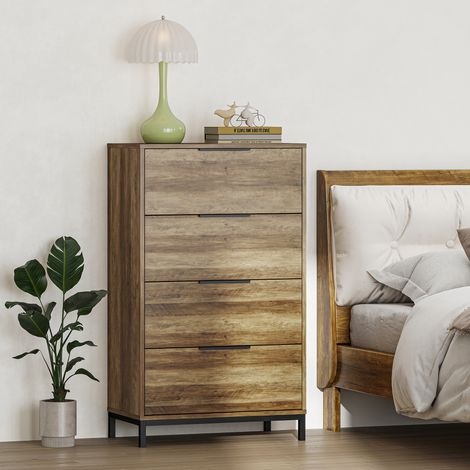 Commode haute 62x35x105 cm naturel avec 4 tiroirs métalliques, poignées, étroite pour salon Couloir