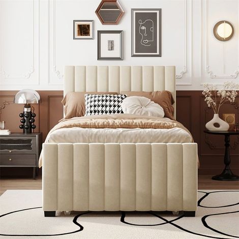 Lit rembourré - Lit 90x190 cm avec lit gigogne - Tissu velours beige - Sommier à lattes 90x190 - Capacité 150 kg
