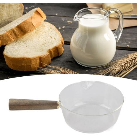 Magnifique pot à lait en verre avec poignée en bois, 400 ml/600 ml, bec verseur en forme de V, ustensile de cuisine, pot à lait de 600 ml. (1/5)