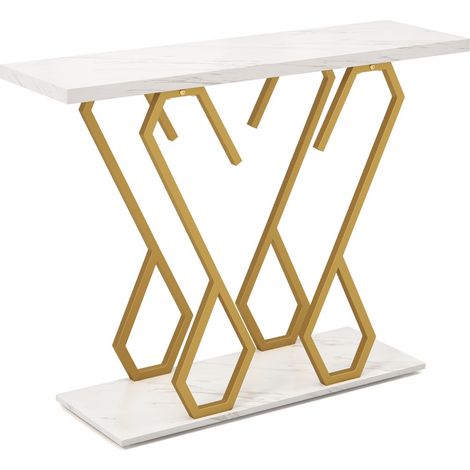 Tavolo consolle effetto marmo con piedini regolabili struttura in metallo, Tavolo d'ingresso 100x30x79cm Bianco (1/4)
