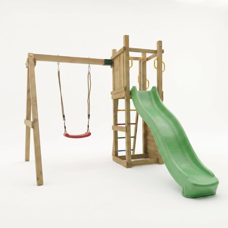 Funni Aire de Jeux Enfant Extérieure – Bois Traité – Toboggan 2,2 m – Balançoire Simple – Jusqu’à 5 Enfants – EN 71 (1/5)