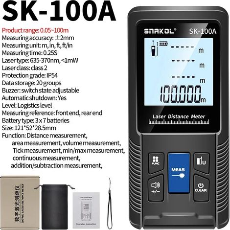 Télémètre laser 3 en 1 SNAKOL avec ruban à mesurer : 40/50/70/100/120 mètres, outil de mesure électronique portable et numérique SK-100A 100 m (1/5)