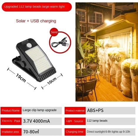(Lumière chaude 112 LED) Nouvelles lampes solaires à pince pour extérieur, cour, jardin, terrasse, applique murale ultra-lumineuse à détection de présence humaine (1/5)